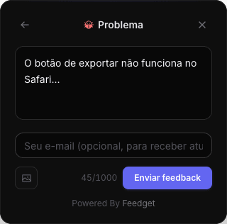 Widget de feedback real do Feedget aberto sobre um site, com o campo de descrição do problema preenchido